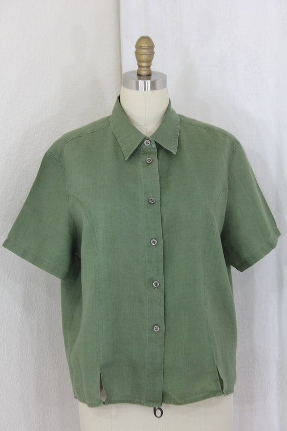 Vintage  flax linen collared blouse  forest green… - image 7