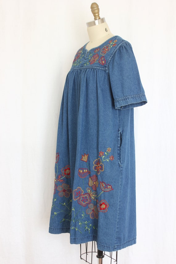 vintage denim blue embroidered tent dress size   … - image 4