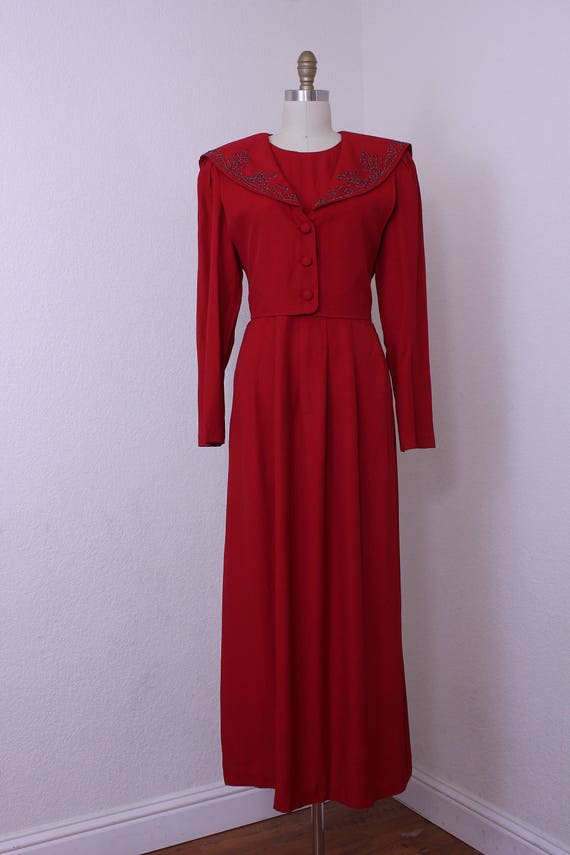 Vintage Red Dress Long Sleeves Maxi Metallic  Cor… - image 1