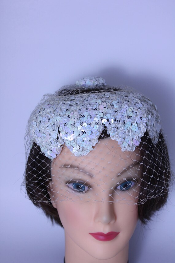 1930s wedding hat, off white, sequins, hatters un… - image 2