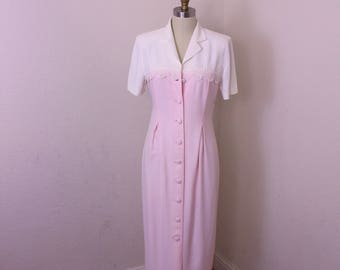 1980s Dress Barn Maxi Length Two Tone Dress   Baby Pink and Off White  Short Sleeves Size 4