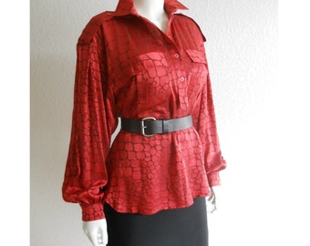 vintage Escada blouse, red giraffe animal print