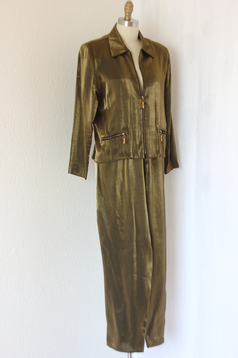 vintage pants and jacket set in lame metallic antique brass evening wear formal outfit set size 12 petite