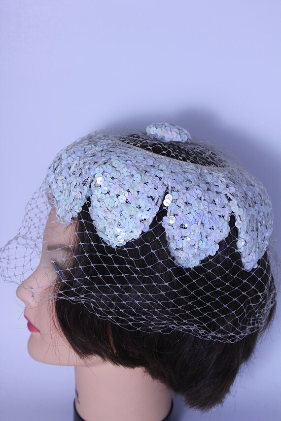 1930s wedding hat, off white, sequins, hatters un… - image 5