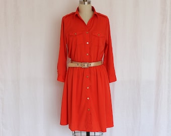 Button down shirt dress orange red long sleeves