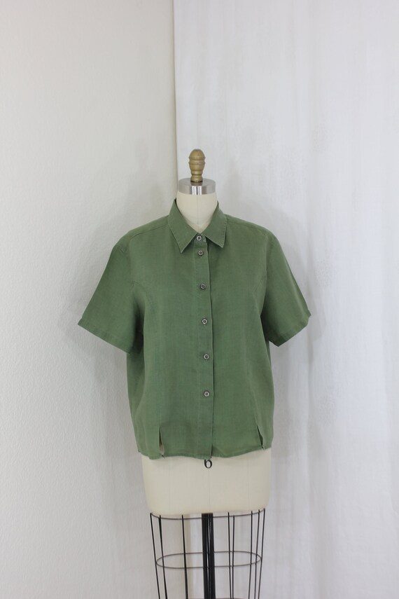 Vintage flax linen collared blouse forest green