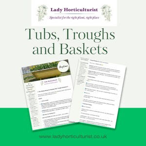 Könnte beinhalten: Ein druckbarer Leitfaden mit dem Titel "The Ultimate Recipe for Stunning Tubs, Troughs & Baskets" von Lady Horticulturist, einer Spezialistin für die richtige Pflanze am richtigen Ort. Der Leitfaden enthält Tipps zum Pflanzen von Kübeln, Trögen und Körben.