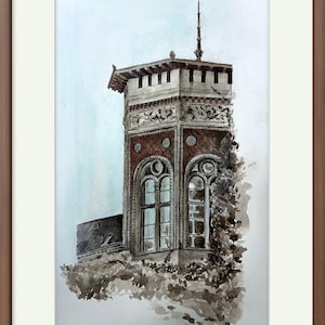 Old Tower Watercolor Painting, Original Artwork