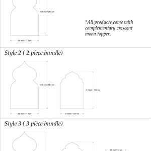 May include: Diagram showing product dimensions for three styles of decorative shapes. Style 1 is 26.6 cm tall and 17.3 cm wide. Style 2 includes two shapes, and Style 3 includes three shapes. All products come with a complementary crescent moon topper.