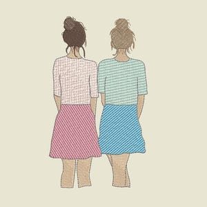 Könnte beinhalten: Gestickte Illustration von zwei Figuren, von hinten gesehen, mit ihren Haaren zu Dutt. Eine Figur trägt ein rosa Oberteil und Rock, die andere ein blaues Oberteil und Rock. Der Hintergrund ist hellbeige.