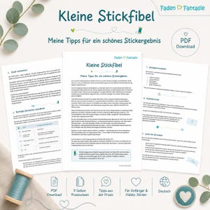 Puede incluir: Una descarga digital en PDF titulada Kleine Stickfibel, que contiene nueve páginas de consejos de bordado y conocimientos prácticos para principiantes. El documento incluye texto en alemán, iconos de corazones y dibujos de hilos.