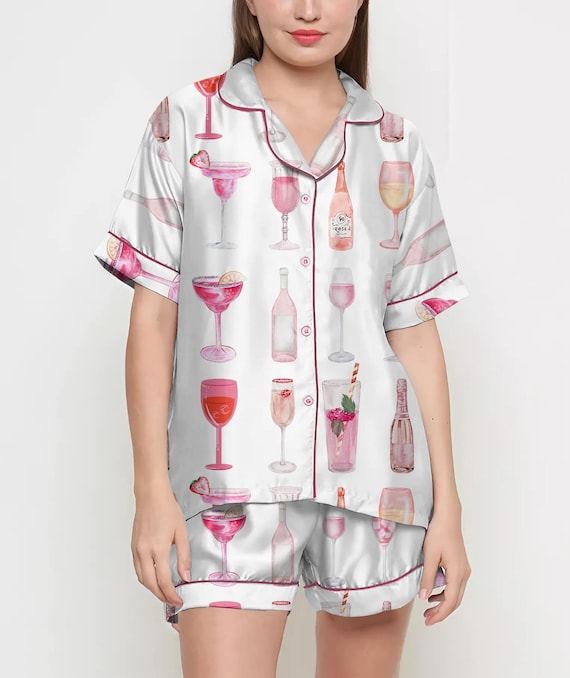 Champagne Cocktail Pajamas Satin Set, Coquette Shirt, Mother Gift, Birthday Gift,Pjs For Women, Bridesmaid Gifts, Party Gift, Pink Coquette