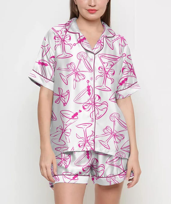 Martini Espresso Coquette Pajamas Satin Set, Pink Martini Shirt,Mother's Day Gift, Birthday Gift, Gift For Her, Bridesmaid Gifts, Women Gift