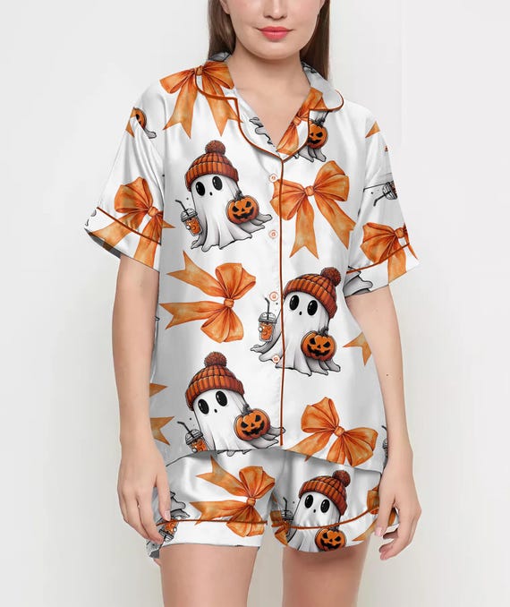 Halloween Gifts, Halloween Shirt, Pajamas Satin Set, Cute Ghost Shirt, Ghost Shirt Design, Gift For Women, Halloween Coquette, Spooky Season