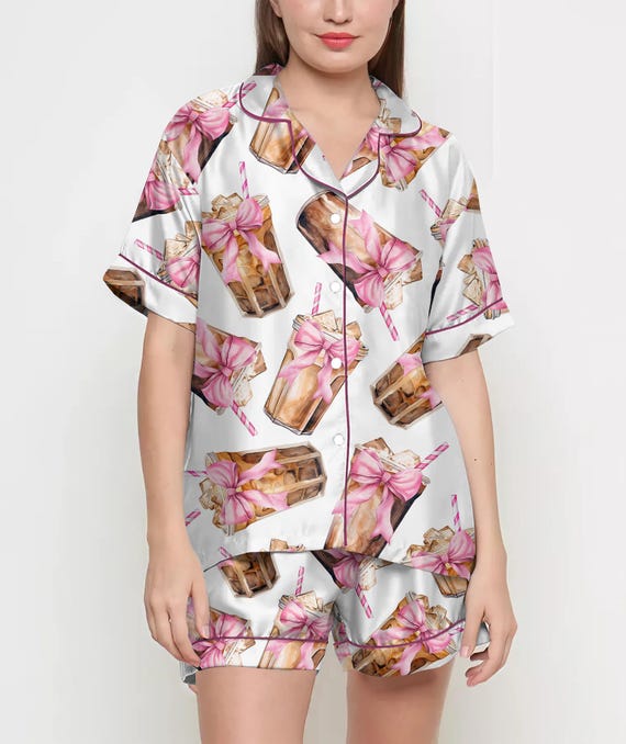 Coquette Coffee Pajamas Satin Set, Iced Coffee Shirt, Mother Day Gift, Birthday Gift,Pjs For Women, Bridesmaid Gift, Coffee Lover, Pink Bow