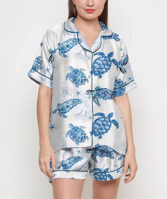 Mom Birthday Gift, Sea Turtle Floral Pajamas Satin Set, Mother's Day Gift, Gift For Her, Gift For Grandma, Birthday Gift, Gift For Women