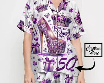 Birthday Queen Purple Pajamas Satin Set, Birthday Party, Mother Day Gift, Birthday Gift, Bridesmaid Gift, Coquette Pjs, Crown Birthday Girl