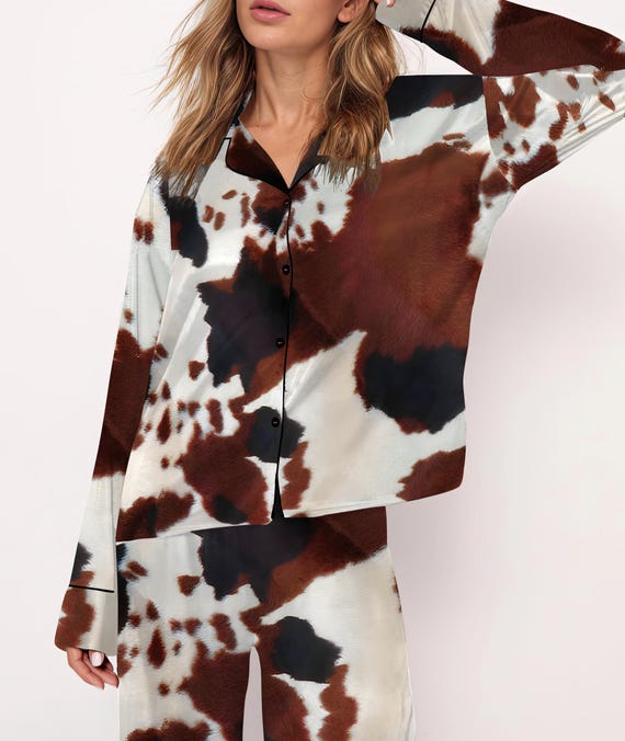 Brown Cowhide Satin Pajama Set For Women, Pajamas Set, Satin Pajamas, Party Pajama Set, Cowgirls Pjs, Bridesmaid Giftss