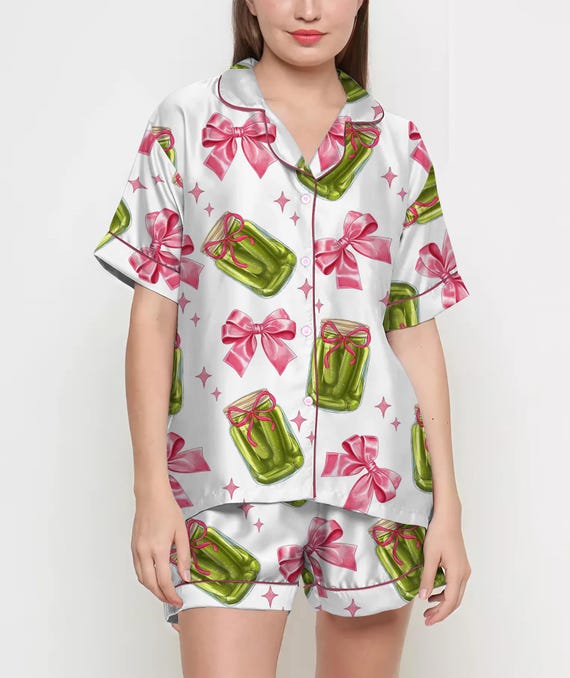 Coquette Pickles Pajamas Satin Set, Mother's Day Gift, Gift For Her, Birthday Gift, Pjs For Women, Bridesmaid Giftss