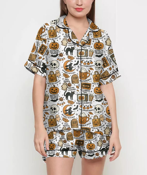 Vintage Halloween Shirt, Pajamas Satin Set, Cute Ghost, Witches, Gift For Halloween, Halloween Coquette, Spooky Season, Fall Aesthetic