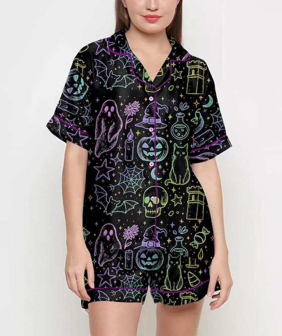 Vintage Halloween Shirt, Pajamas Satin Set, Cute Ghost, Witches, Gift For Halloween, Neon Halloween Coquette, Spooky Season, Fall Aesthetic