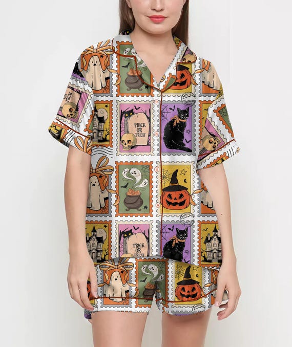 Halloween Gifts, Halloween Shirt, Pajamas Satin Set, Ghost Shirt, Cute Ghost Shirt Design, Gift For Women, Halloween Coquette, Spooky Season