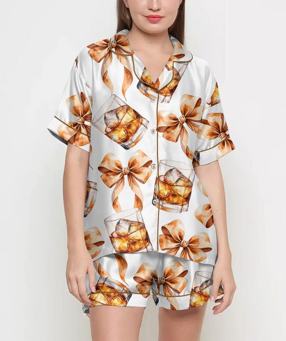 Whiskey Glass Coquette Pajamas Satin Set, Women Gift, Mother's Day Gift, Birthday Gift, Pjs For Women, Bridesmaid Gifts, Bachelorette