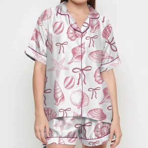 Coquette Seashell Pajamas Satin Set, Starfish and Coral Shirt, Mother&#39;s Day Gift, Birthday Gift, Pjs For Women, Bridesmaid Gifts