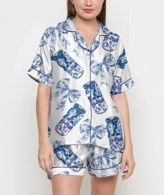 Coquette Bull Pajamas Satin Set, Energy Drink, Blue Floral Bow Shirt,Mother Gift, Birthday Gift,Pjs For Women, Bridesmaid Gifts,Bachelorette