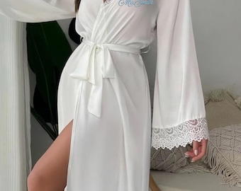 Lace Trim Satin Bride Robe, Custom Embroidery Bridal Lingerie Honeymoon Sleepwear