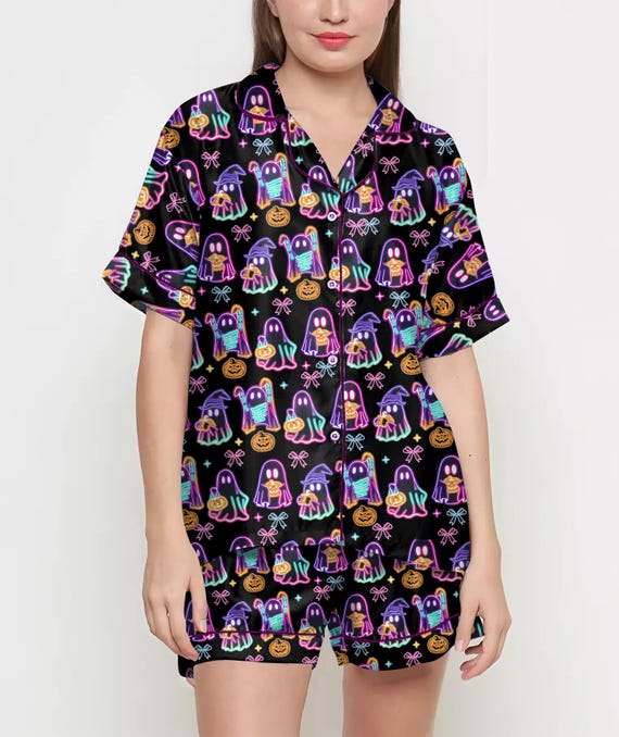 Vintage Halloween Shirt, Pajamas Satin Set, Cute Ghost, Witches, Gift For Halloween, Neon Halloween Coquette, Spooky Season, Fall Aesthetic