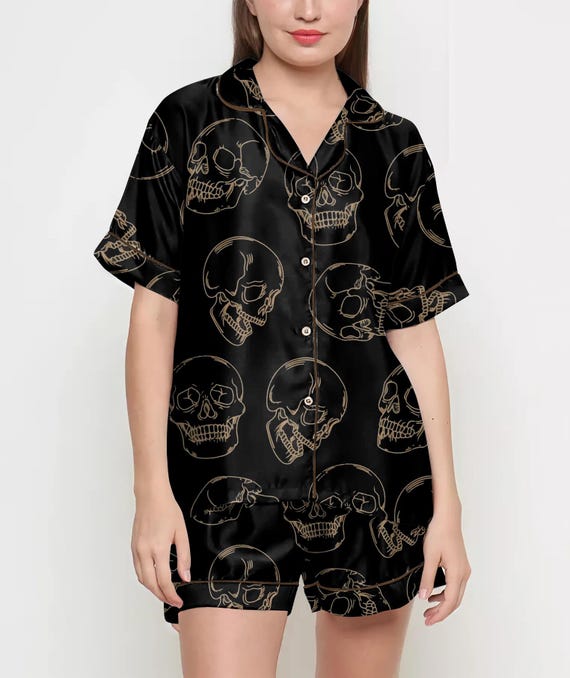 Halloween Gifts, Halloween Shirt, Skeleton Pajama Satin Set, Skull Halloween, Spooky Season, Fall Gift, Gift For Halloween, Gothic Halloween