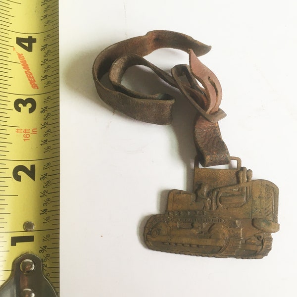 Vintage Antique Brass Leather Pocket Watch Vest Fob & Key Ring Chain Miller Ward Machine Company Tyler Texas Farm Tractor Truck