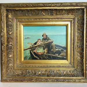 Antiguo siglo XIX Nueva Inglaterra Maine Océano Mar Marinero y niño Fila Barco de pesca Foto Realismo Impresionismo Pintura al óleo realista