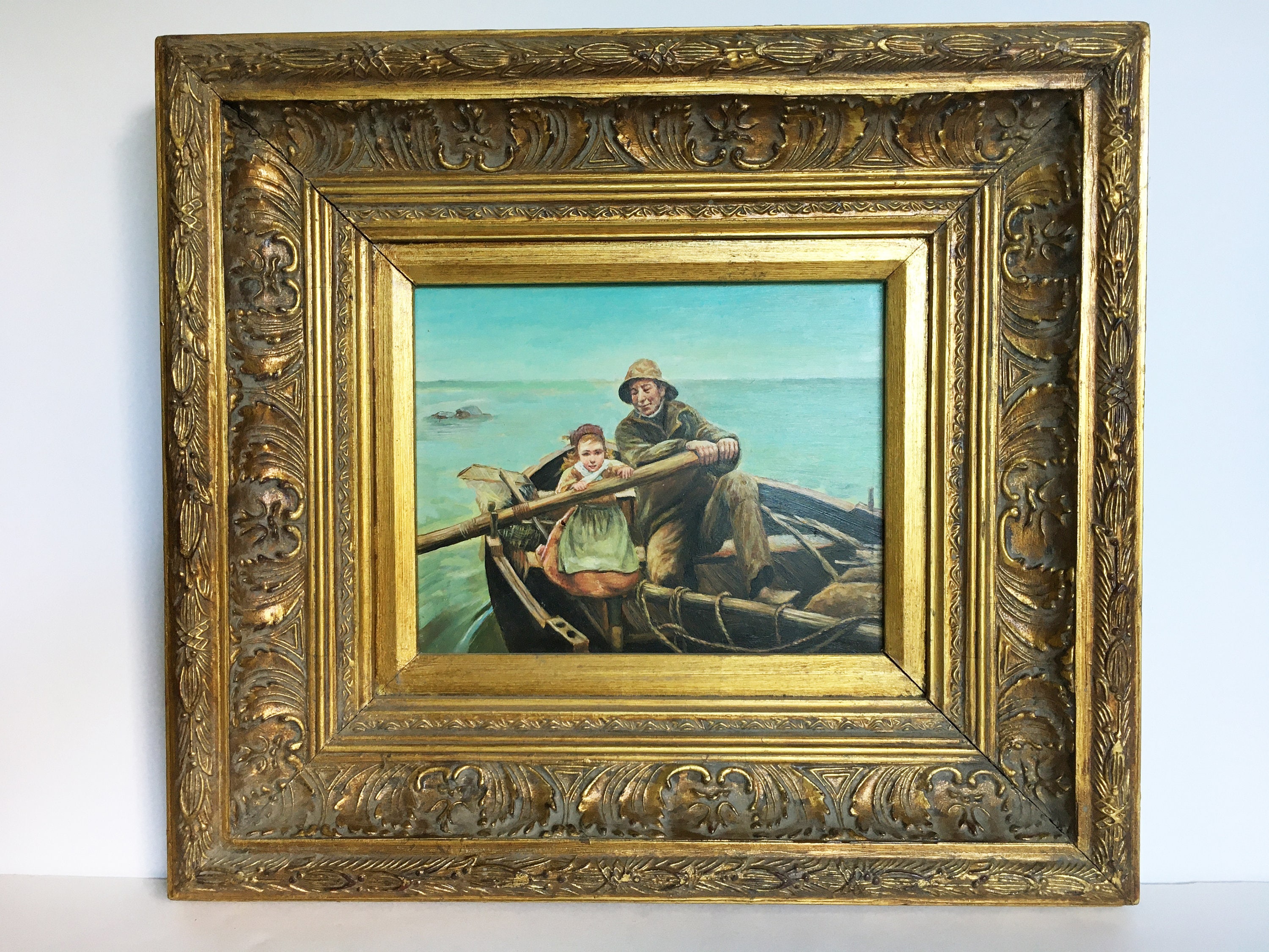 W．RUSSELL FINT（W.ラッセル　フリント）、海辺の漁師の娘 Antique 1800s New England Maine Ocean Sea Sailor and Child