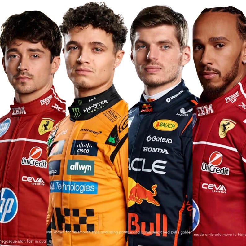 May include: Four Formula 1 drivers wearing their respective team racing suits. Two drivers wear red Ferrari suits with white accents, one wears an orange McLaren suit with black details, and one wears a dark blue Red Bull suit with yellow logos.