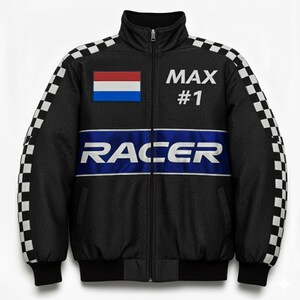May include: Black racing jacket with a checkered pattern on the sleeves and collar. Features the text "MAX #1" and "RACER" in white and blue. Includes a Dutch flag patch on the chest.