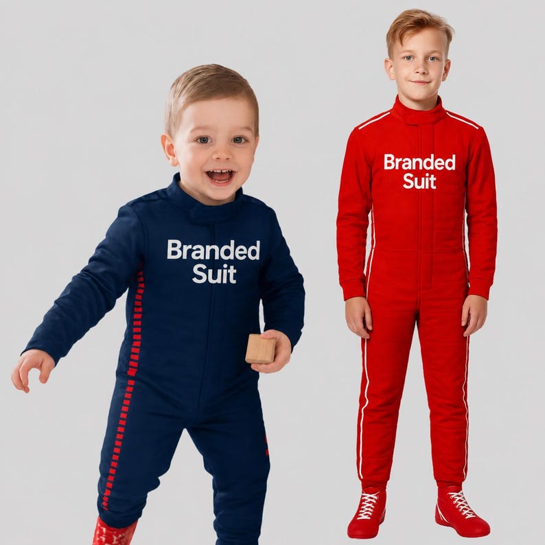 May include: A navy blue jumpsuit with red side accents and a red jumpsuit with white side accents, both featuring the text Branded Suit in white lettering on the chest. These long-sleeved, high-neck one-piece garments have a simple, functional design.