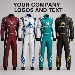 May include: Four racing suits in maroon, white, teal, and black, each featuring unique company logos, numbers, and text. The suits have high collars, long sleeves, and matching belts, displaying branding like Valiant Motorsports, Apex Performance, Northline Racing, and Ironforge Competition.