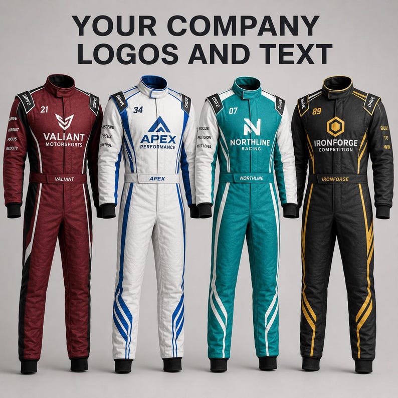 May include: Four racing suits in maroon, white, teal, and black, each featuring unique company logos, numbers, and text. The suits have high collars, long sleeves, and matching belts, displaying branding like Valiant Motorsports, Apex Performance, Northline Racing, and Ironforge Competition.