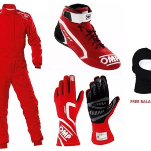 May include: A set of red racing gear, including a suit, gloves, and shoes, plus a black balaclava. The suit and gloves have white detailing. The shoes are red and white with black laces.