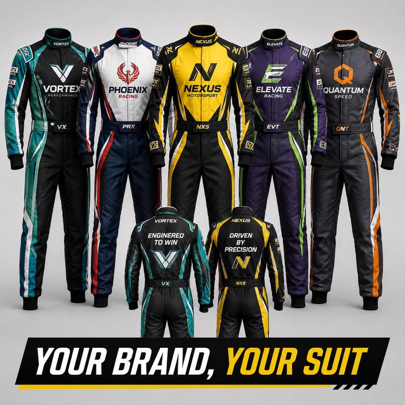 May include: A collection of five racing suits in teal, white, yellow, purple, and gray, each featuring unique team logos and branding. Two suits are shown from the back with text reading Engineered to Win and Driven by Precision. Text reads Your Brand, Your Suit.