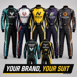 May include: A collection of five racing suits in teal, white, yellow, purple, and gray, each featuring unique team logos and branding. Two suits are shown from the back with text reading Engineered to Win and Driven by Precision. Text reads Your Brand, Your Suit.