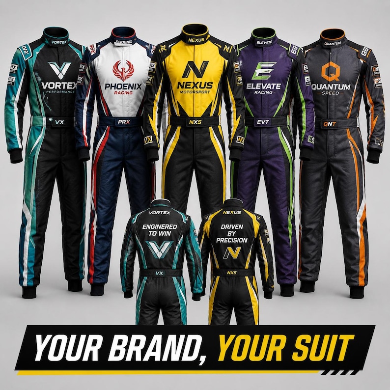 May include: A collection of five racing suits in teal, white, yellow, purple, and gray, each featuring unique team logos and branding. Two suits are shown from the back with text reading Engineered to Win and Driven by Precision. Text reads Your Brand, Your Suit.
