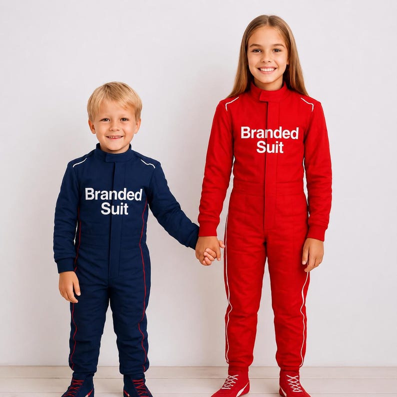 May include: A navy blue jumpsuit and a red jumpsuit, both featuring long sleeves, a high collar, and the white text Branded Suit printed on the chest. Each garment includes a central zipper closure and contrasting white piping along the sides.
