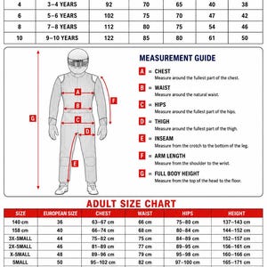 May include: A comprehensive size chart for children and adults featuring a diagram of a person in a racing suit. The chart includes columns for size, age, chest, waist, inseam, and arm length, alongside a measurement guide for body dimensions.