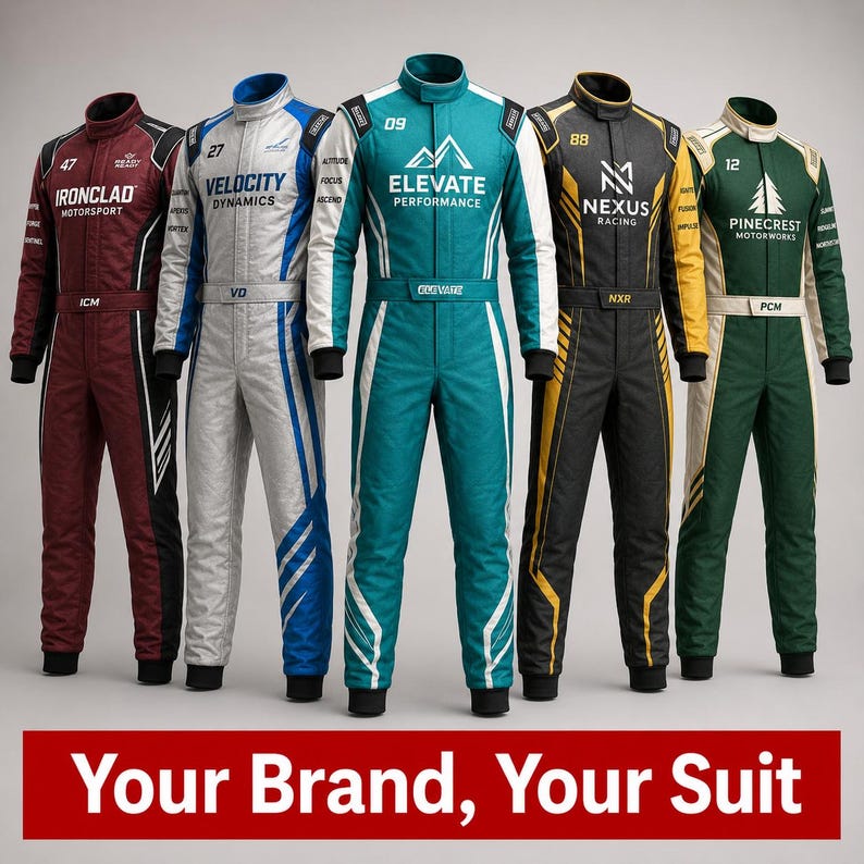 May include: Five racing suits in maroon, silver, teal, black, and dark green, each featuring unique brand logos, racing numbers, and text. The suits have high collars, long sleeves, and belted waists. The text "Your Brand, Your Suit" is at the bottom.