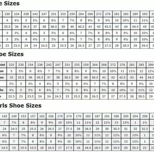 May include: A black and white shoe size conversion chart featuring three distinct tables labeled Mens Shoe Sizes, Ladies Shoe Sizes, and Boys & Girls Shoe Sizes. Each table lists corresponding measurements for Mondopoint, US & Can, European, UK, Australia, and Japan.