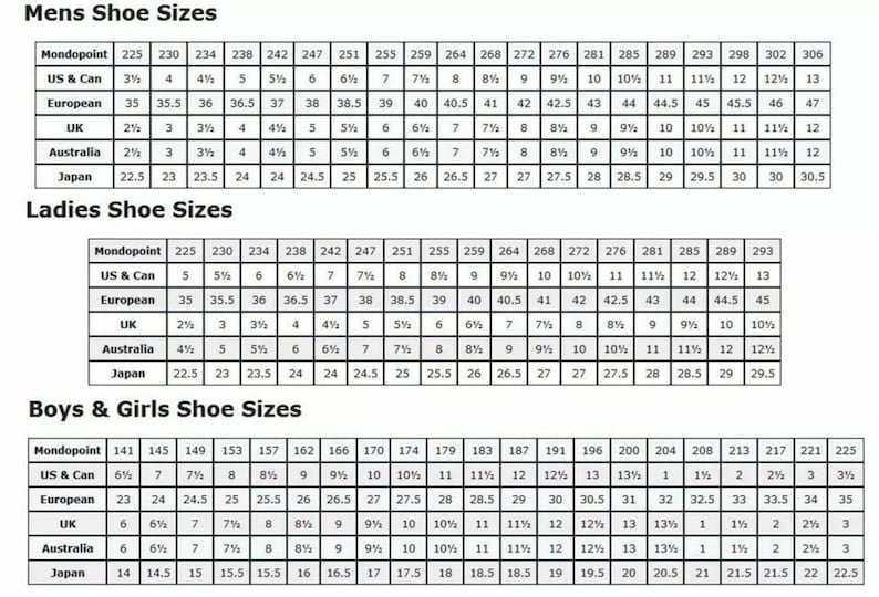 May include: A black and white shoe size conversion chart featuring three distinct tables labeled Mens Shoe Sizes, Ladies Shoe Sizes, and Boys & Girls Shoe Sizes. Each table lists corresponding measurements for Mondopoint, US & Can, European, UK, Australia, and Japan.