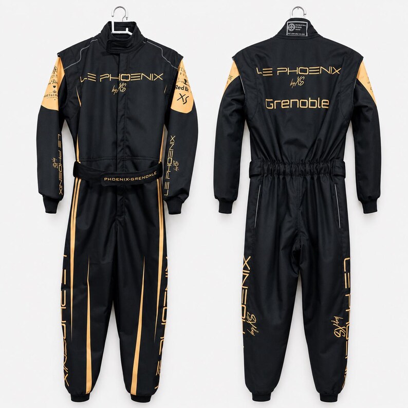 May include: A black racing jumpsuit with gold accents, featuring the text LE PHOENIX by XS and GRENOBLE. The garment includes a high collar, long sleeves, a belted waist, and full-length legs, shown from both the front and back views on hangers.